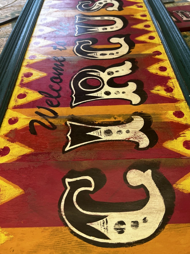 close up of welcome to the circus sign, with colourful stripes of pink, yellow and orange with a teal frame and zig zag pattern at the top and the bottom. surrounded by a teal frame