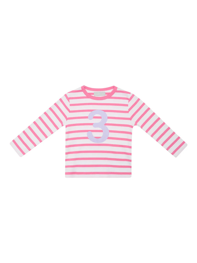Hot Pink & White Breton Striped Number 3 T Shirt