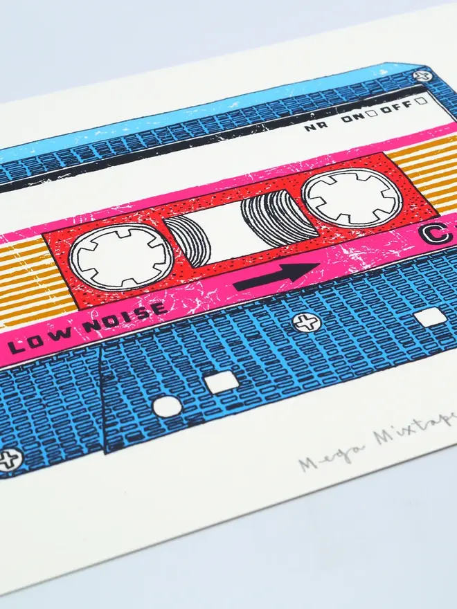 Personalised Mix Tape Screenprint Mega Mixtape, a colourful mixtape design in the centre of a white screenprint. 