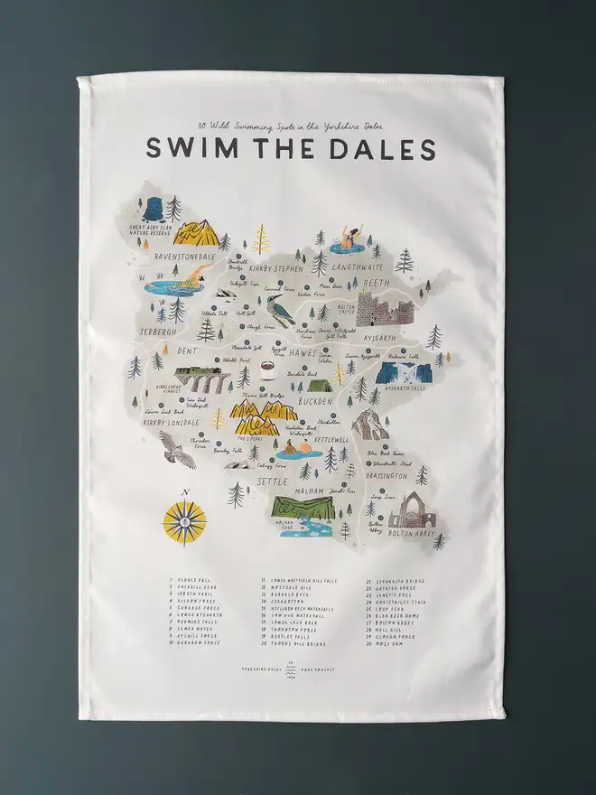 yorkshire dales swimming map tea towel