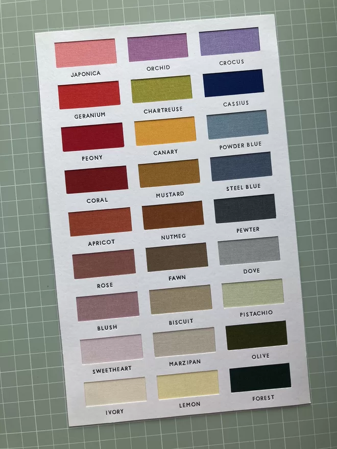 The Keep Collect book cloth colour swatch in all its glory