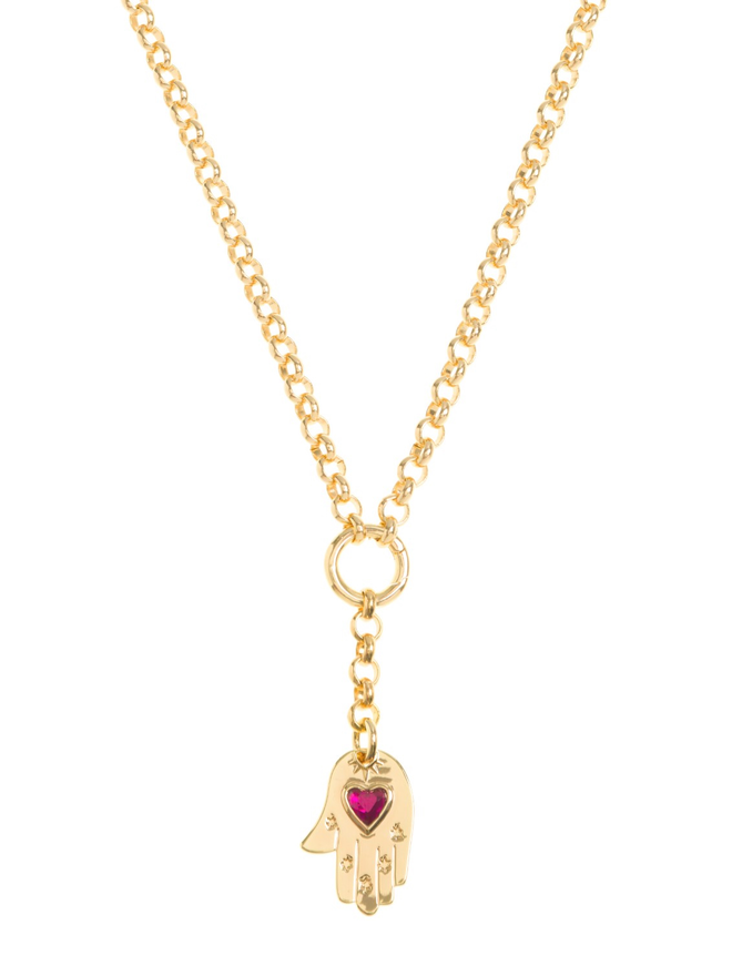 Gold and pink stone hamsa hand charm hanging from a gold belcher chain necklace