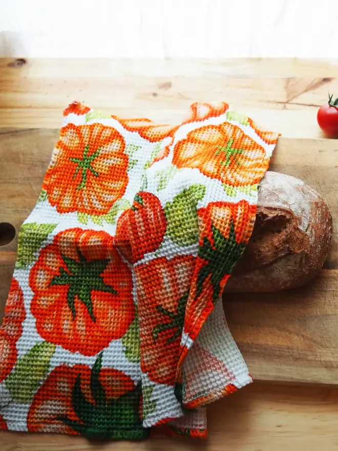 Tomato Waffle Tea towel, placed in top of bread. 
