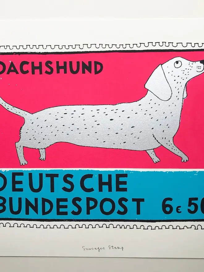Sausage Dog Stamp Screenprint Sausages Stamp, a colourful sausage dog design against a white screenprint. 