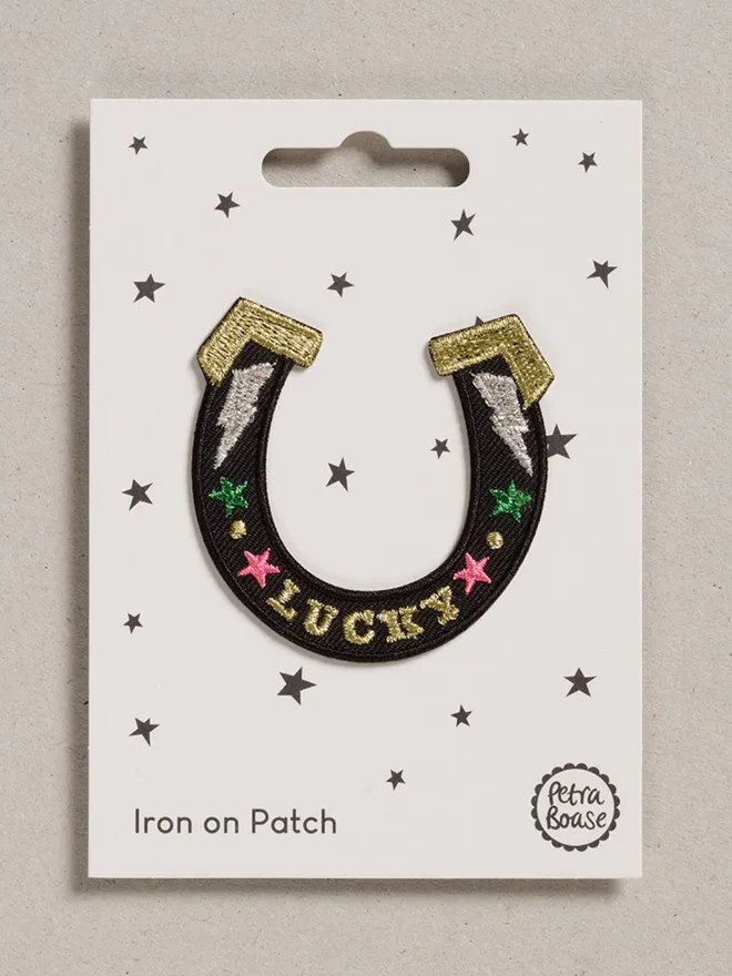 Lucky horseshoe iron on embroidered fabric patch. 