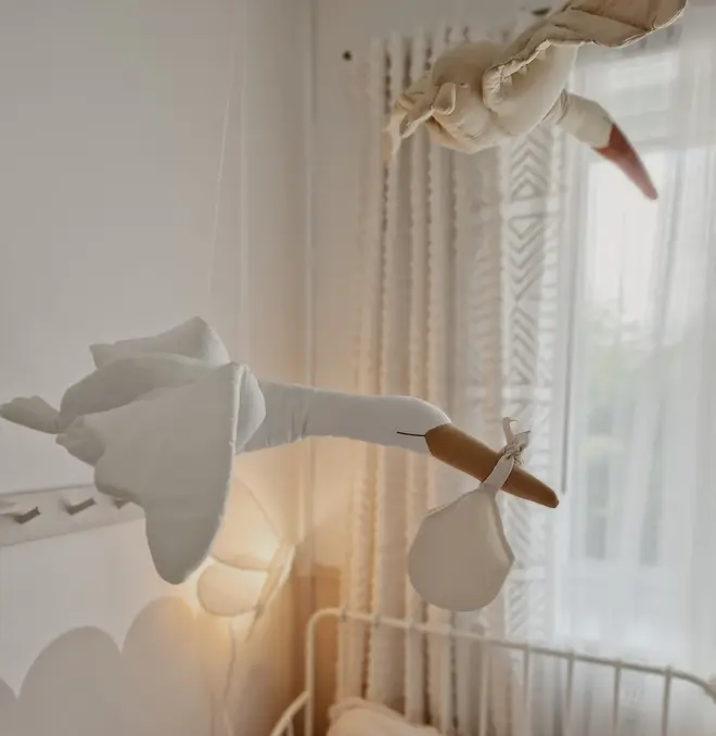 Flying Stork Hanging Decoration, a hanging stork decoration suspended in a child's bedroom. 