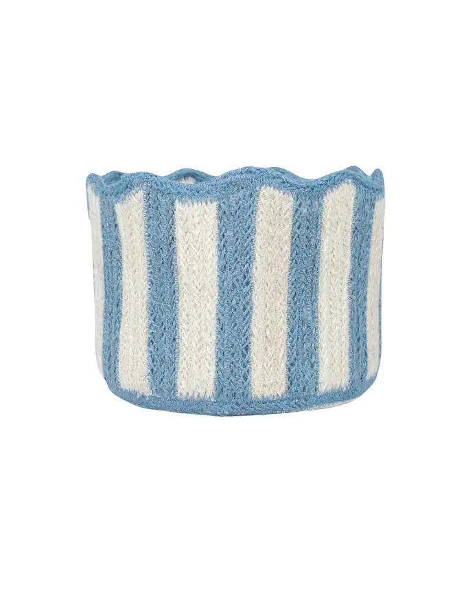 Blueberry stripy scalloped organic jute basket on a white background. 
