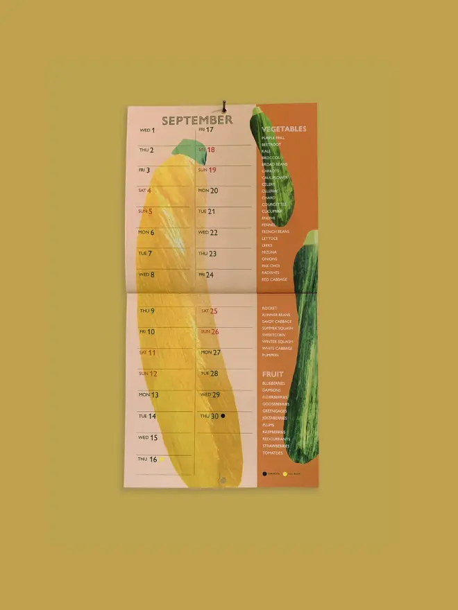 Seasonal Fruit & Vegetable 2027 Calendar, on a green background. 