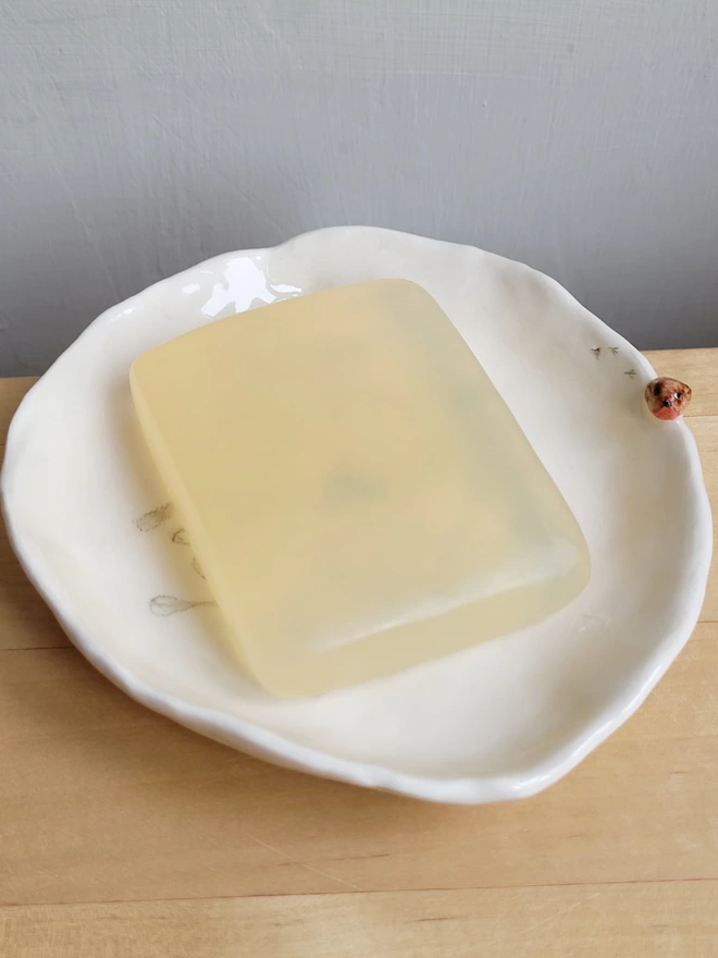 a white handmade soap dish with a natural translucent soap on it the soap rest has a tiny ceramic robin bird attached to the edge with tiny bird prints etched in the pottery dish  