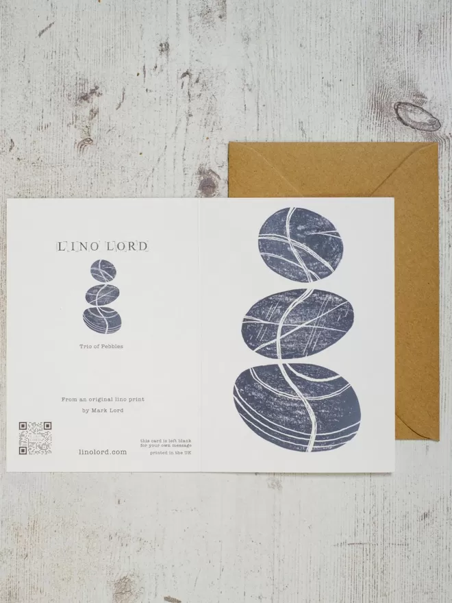 Greeting Card with an image of a Trio of Pebbles, taken from an original lino print