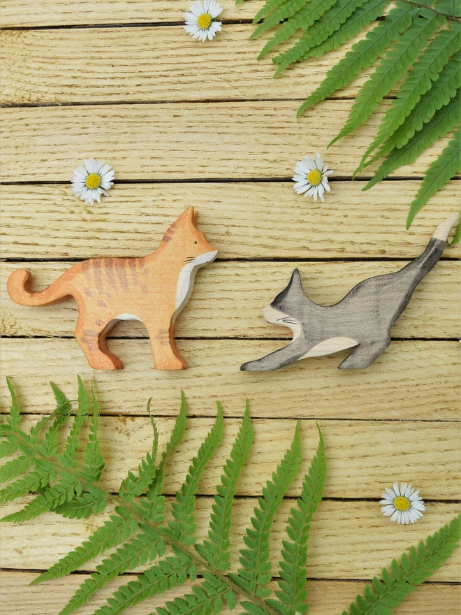 Ecofriendly wooden cat toy figures handmade by eric and albert family business in Wales UK