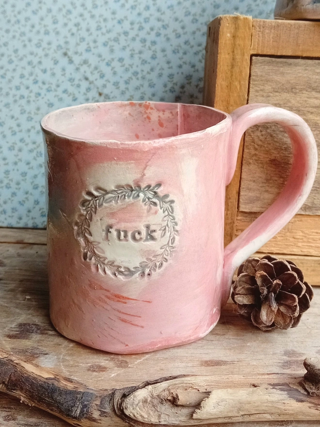 Personalised Stoneware Mug in pink with 'fuck' text