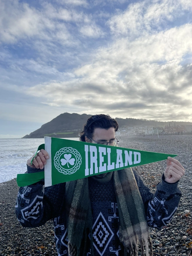 felt pennant flag rich pea green with white text saying IRELAND and a shamrock in a celtic patterned border