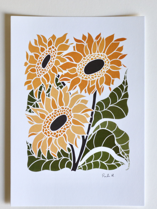 Linocut Sunflower art print carefully printed on cotton paper.