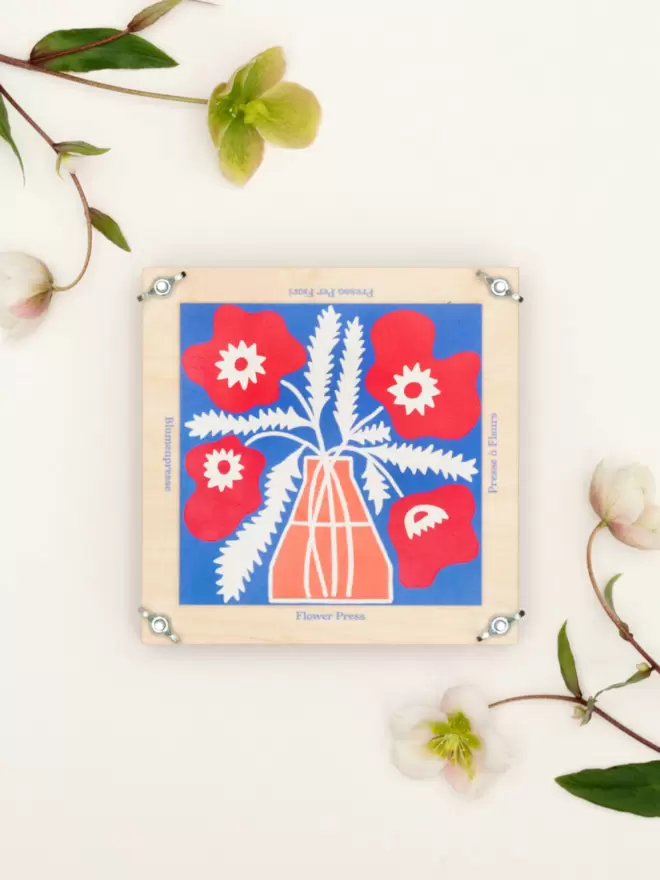 Modern illustrated floral design flower press surrounded by poppies/