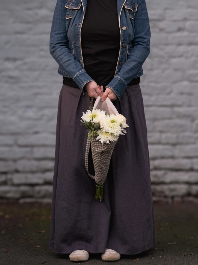 reusable linen flower bag for shopping and for gift giving