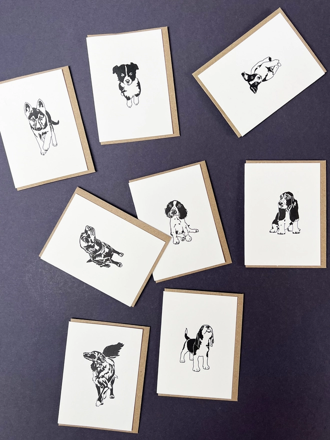 Close up of the lovely puppy small cards showing the Labrador, Beagle , Retriever, Alsatian,Basset hound, Jack russell and Springer spaniel