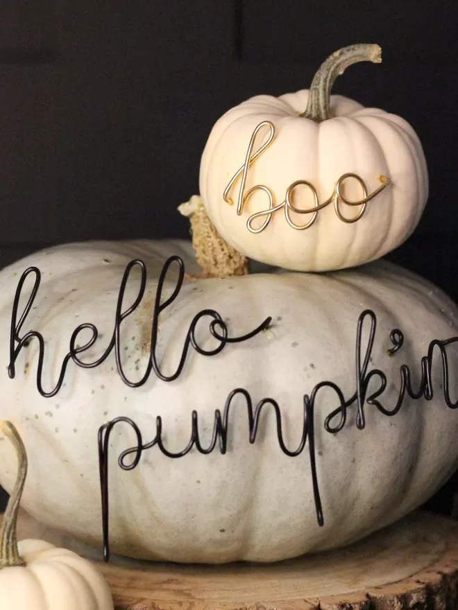 Hello Pumpkin sign seen in a white pumpkin with a mini boo on top for halloween.
