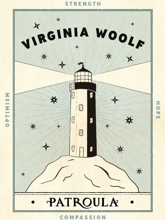 Illustration in blue and black of a lighthouse and the name Virgina Woolf