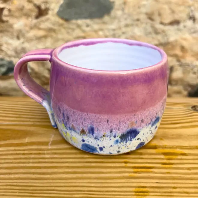 Shoreline Large Round Mug, a colourful mug on a wooden surface against a brick backdrop. 
