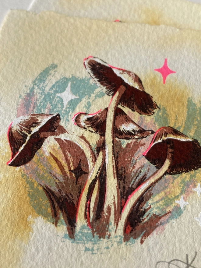 Miniature screenprint and watercolour painting of fungi called the fortune tellers by artist KATH LEONE
