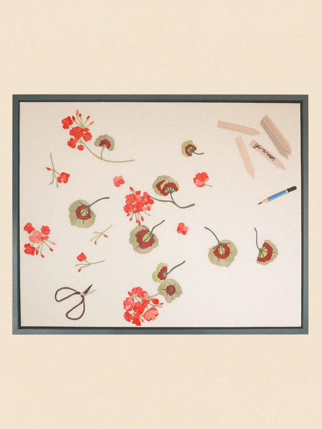 Geranium cuttings framed embroidered canvas Inchyra blue