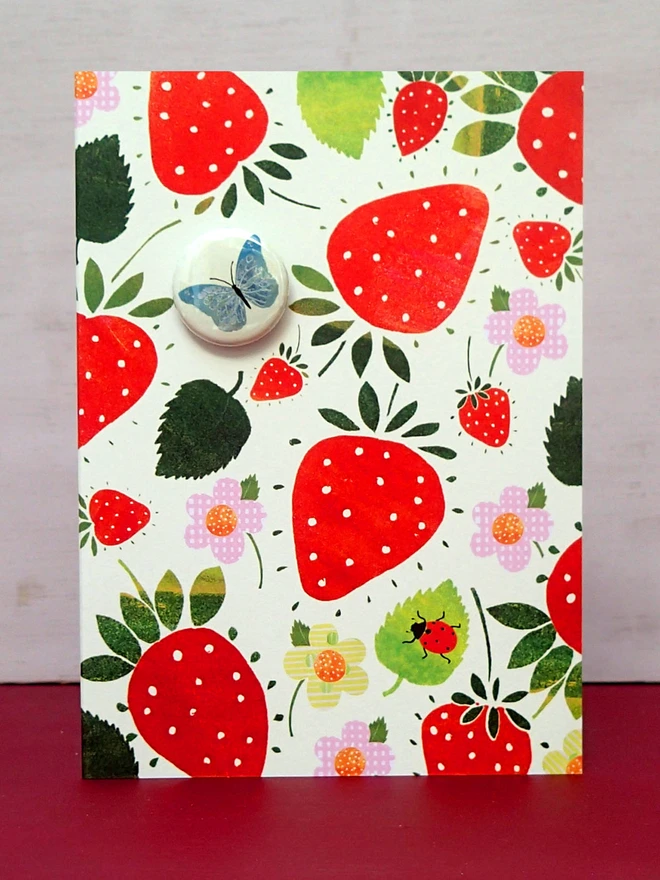 strawberry and butterfly card with pin badge