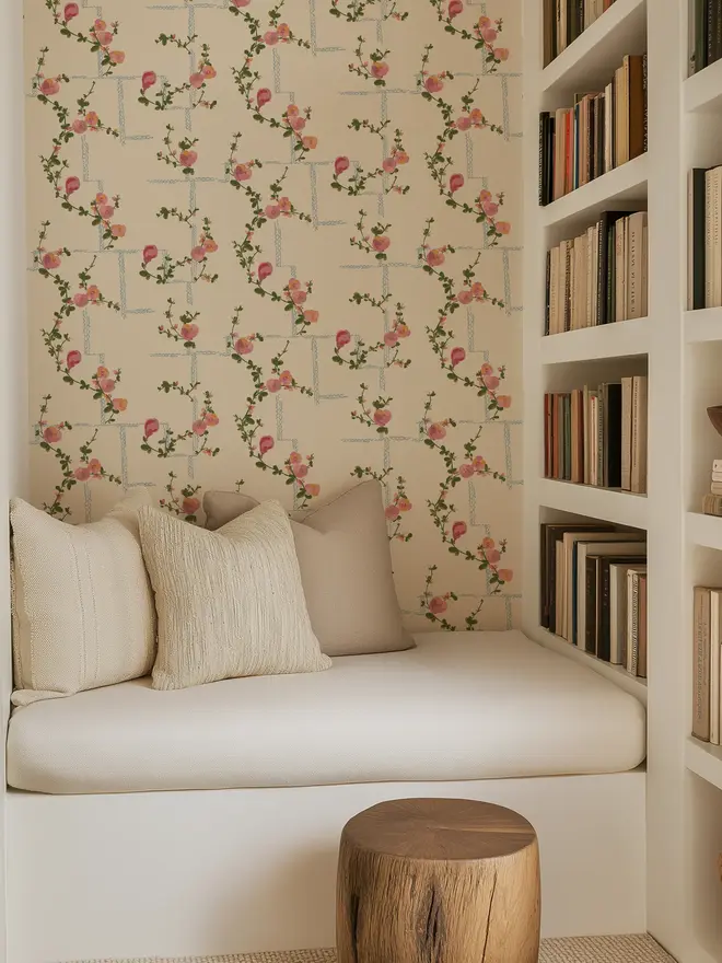Coco Wallpaper, a living room with a decorated floral wallpaper. 