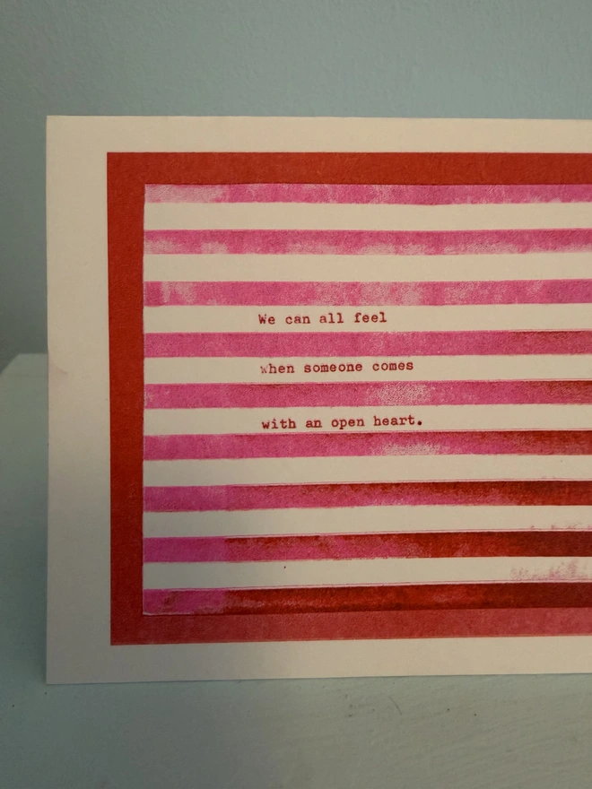 red and pink A6 risograph small art greetings card with poetic message