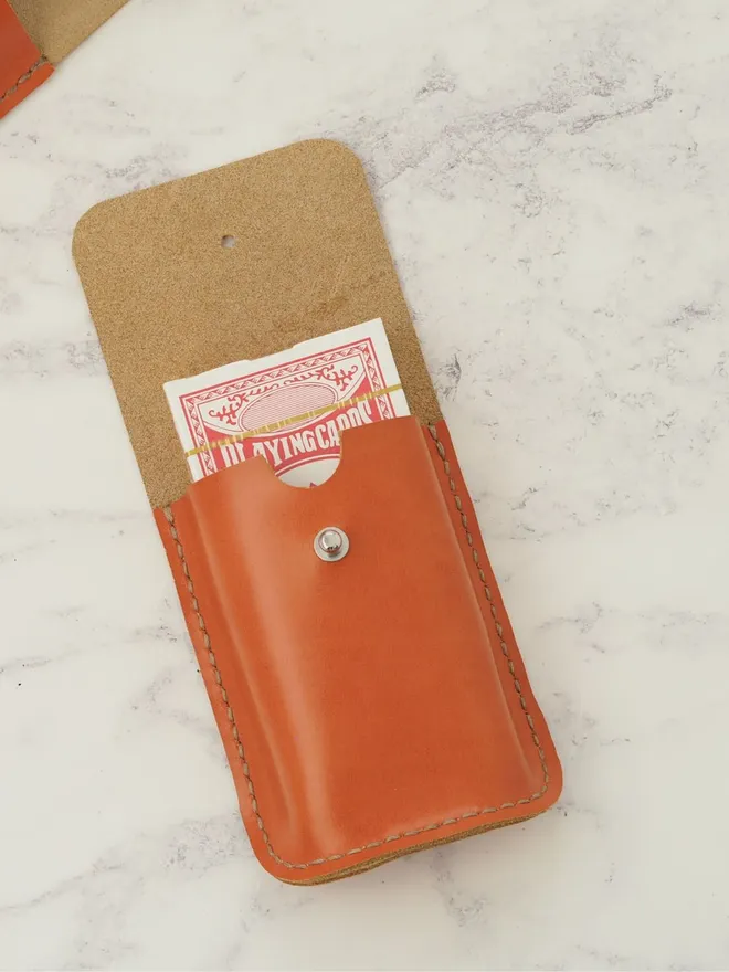 orange leather playing card holder case