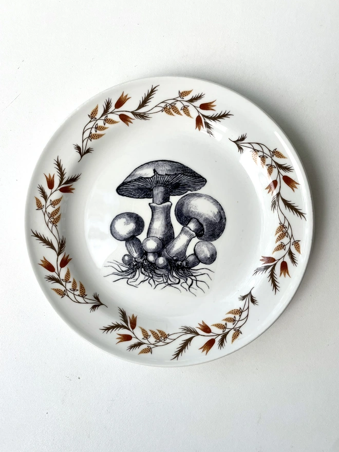 vintage plate with an ornate border, with a printed vintage illustration of mushrooms in the middle