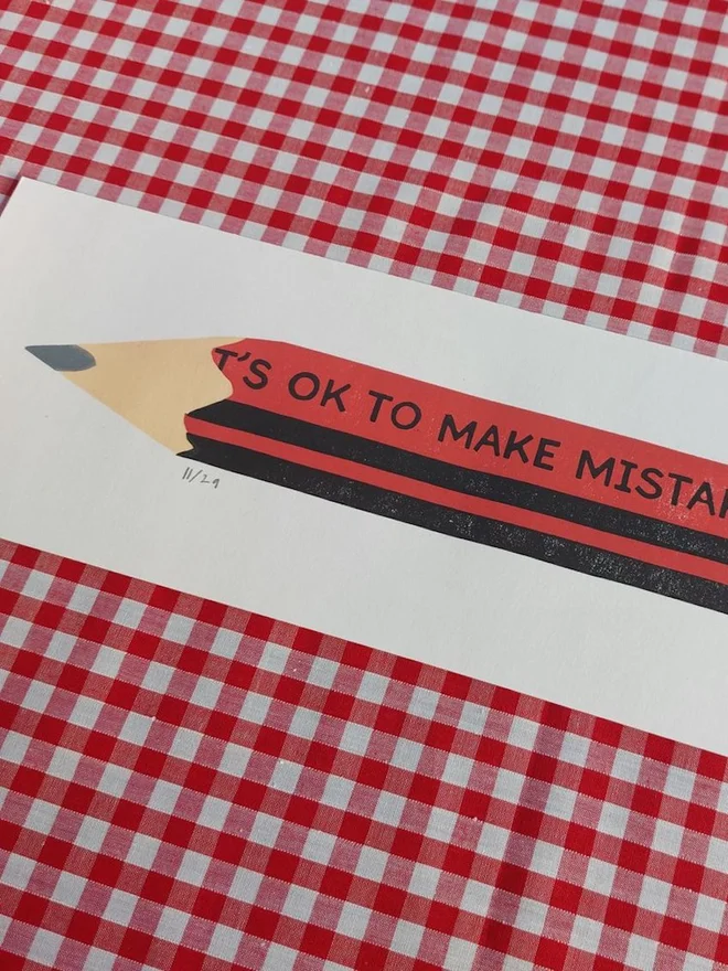 'Its Ok To Make Mistakes' Red Pencil Linocut 