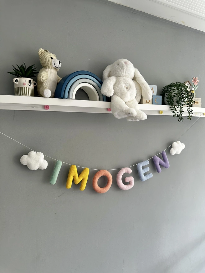 Personalised Name Cloud Star or Heart Garland, a colourful name garland in a child’s bedroom, baby gift, nursery decoration, bunting 