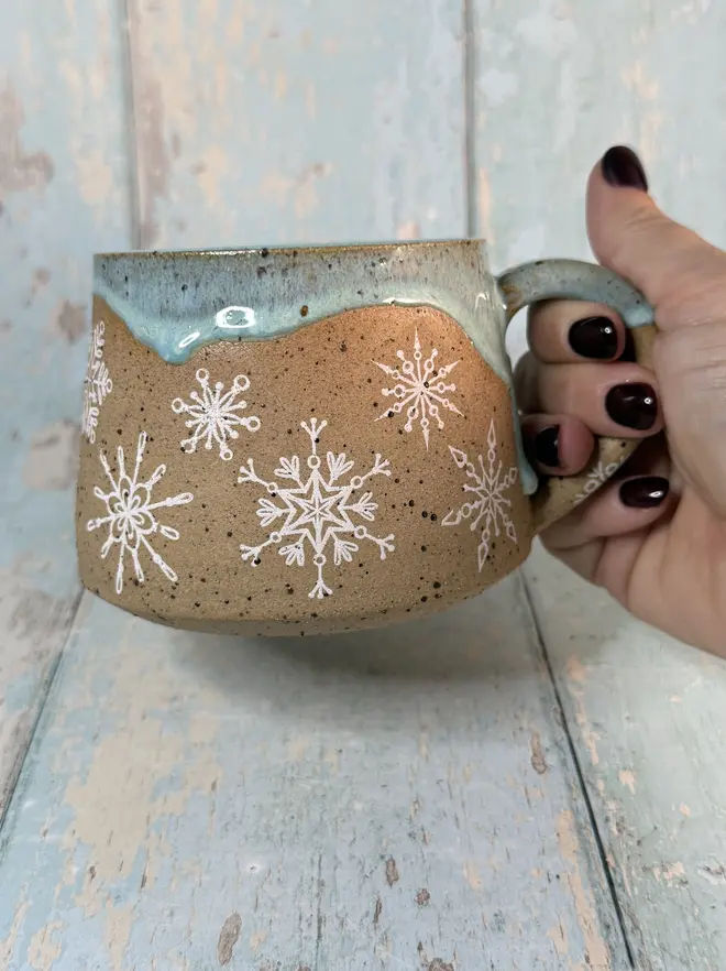 Handmade Aqua Green Snowflake Christmas Mug