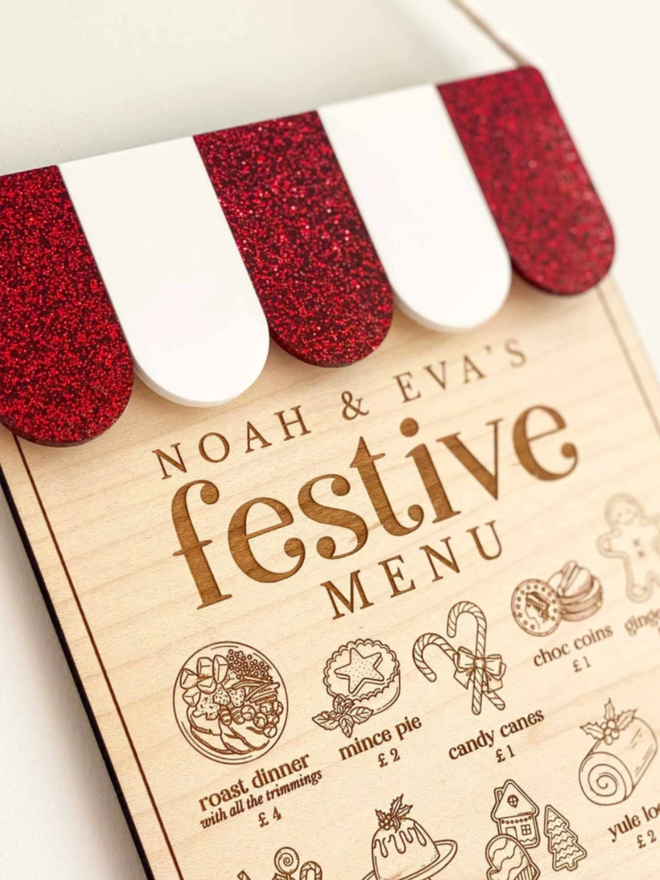 Personalised Wooden Christmas Play Menu. A Christmas menu in red glitter.
