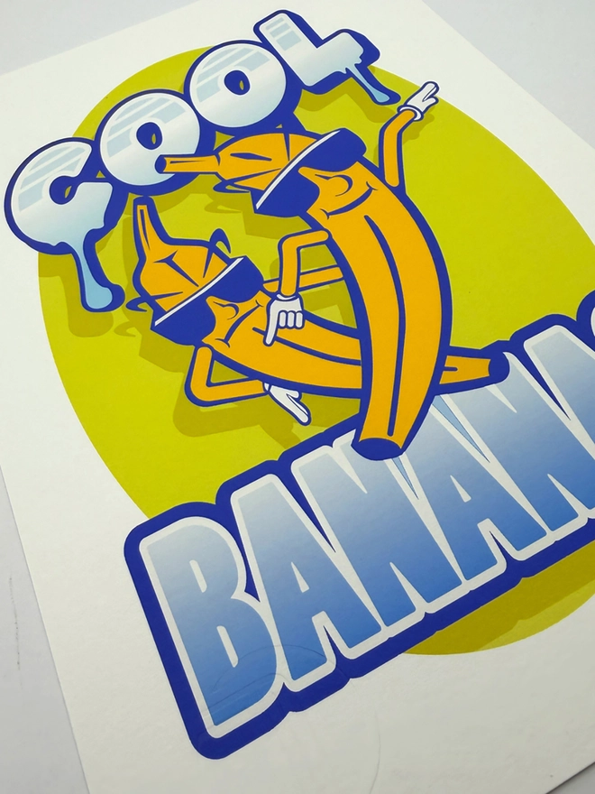 'Cool Bananas' Signed embossed fine art print, against a grey background. 