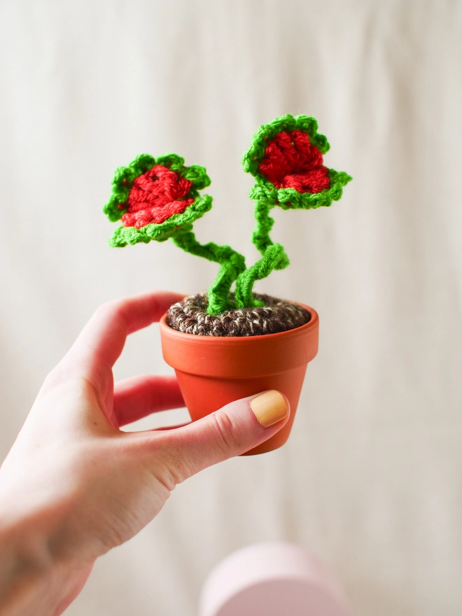 crochet Venus Flytrap in terracotta pot
