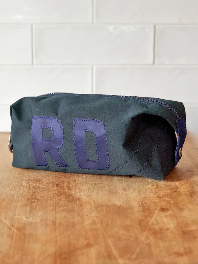 Personalised canvas wash bag in dark green 
