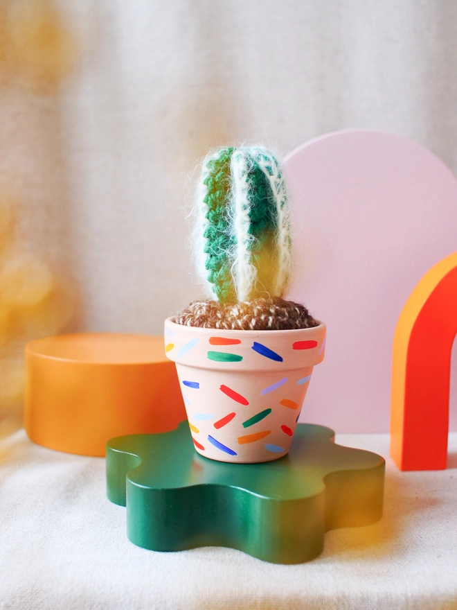 crochet cactus in hand painted pot
