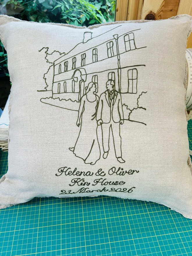 Embroidered Bespoke Wedding/ Home/ Venue Linen Cushion dark green