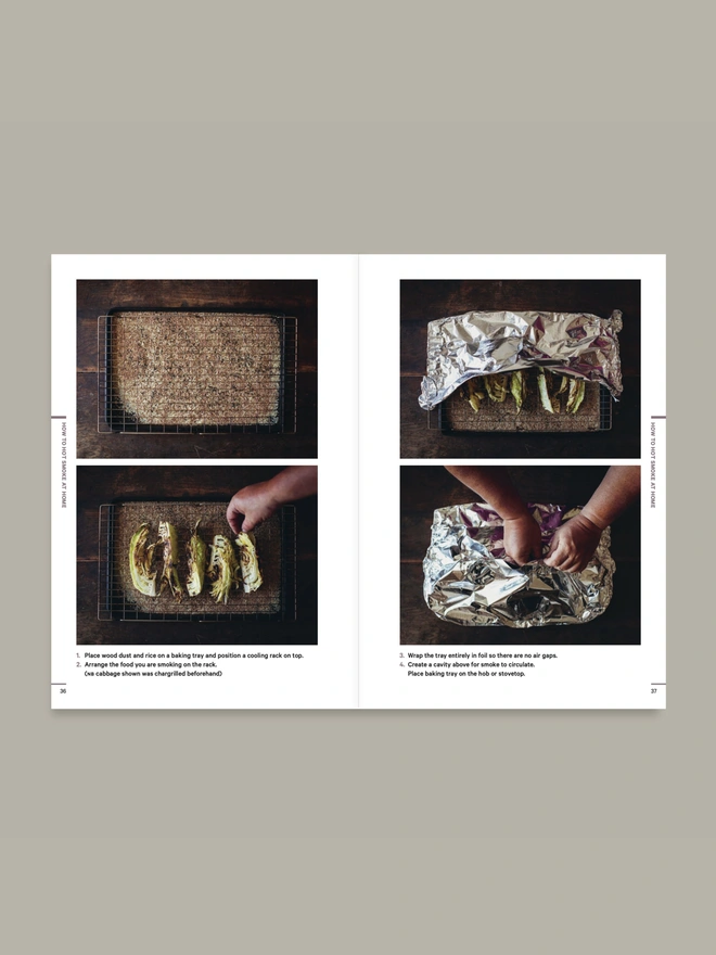 Page of a book showing charred cabbage on baking tray, ready to smoke