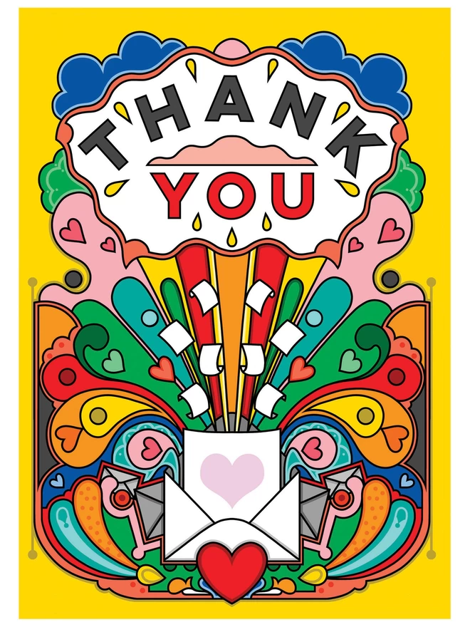 A vibrant yellow card with Thank You written boldly at the top, above a multi-coloured abstract design featuring hearts, envelopes and paper.