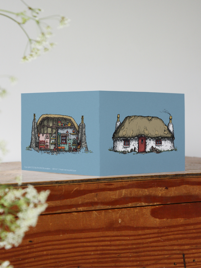 thatched cottage illustrated greetings card