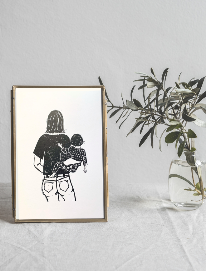mother and baby linocut art print
