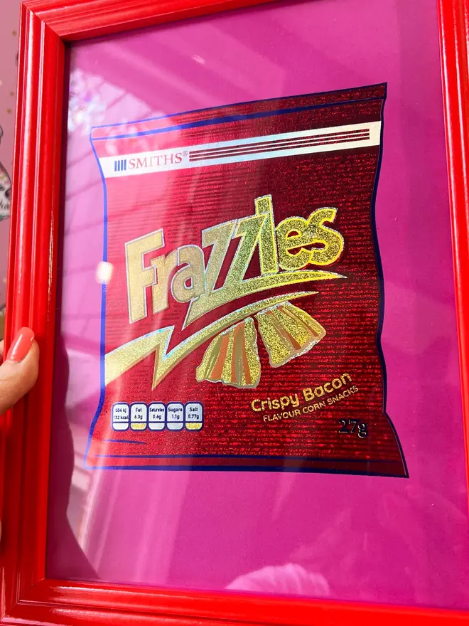 'Frazzles' ScreenPrint, a colourful frazzles screenprint, framed, held by a person. 