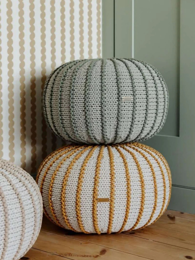 Zuri House. Small light olive Ziggy pouffe.