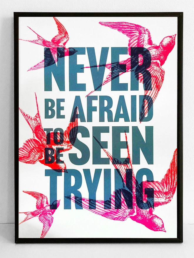 Framed print that says 'Never be afraid to be seen trying against a back drop of swallows.'