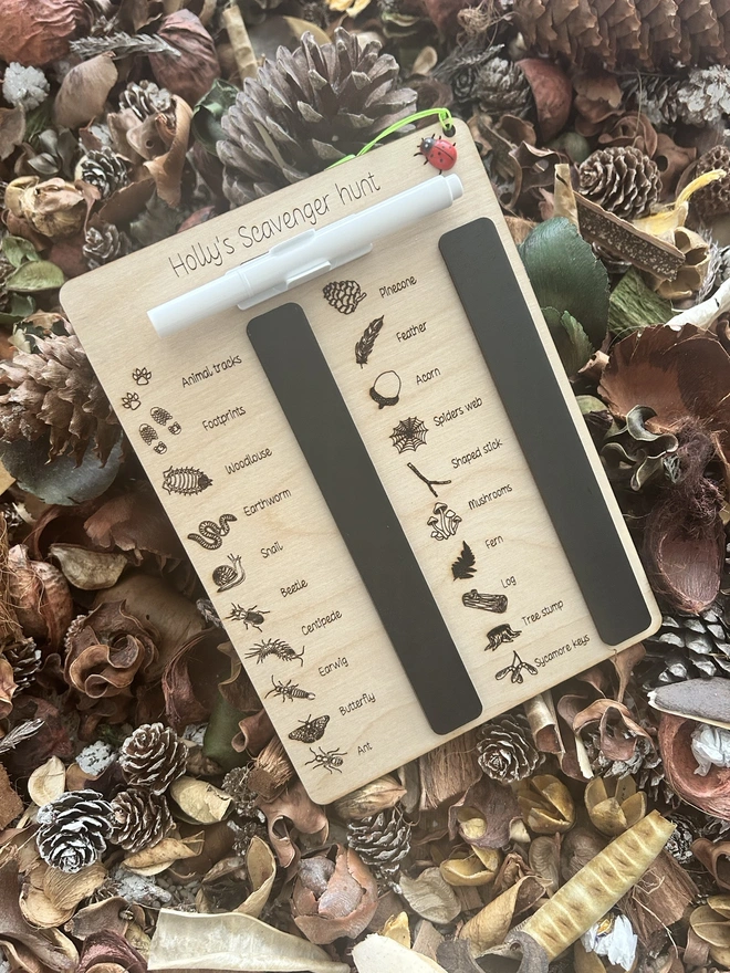 A personalised wooden scavenger hunt board titled “Holly’s Scavenger Hunt” sits among dried leaves and pinecones. Engraved illustrations and labels highlight a range of natural treasures and minibeasts to find, including pinecone, feather, acorn, spider’s web, shaped stick, mushrooms, fern, log, tree stump, sycamore keys, animal tracks, footprints, woodlouse, earthworm, snail, beetle, centipede, earwig, butterfly, and ant. Two black wipe‑clean sections are built into the board, and a white marker is attached with a bright green cord finished with a tiny ladybird bead