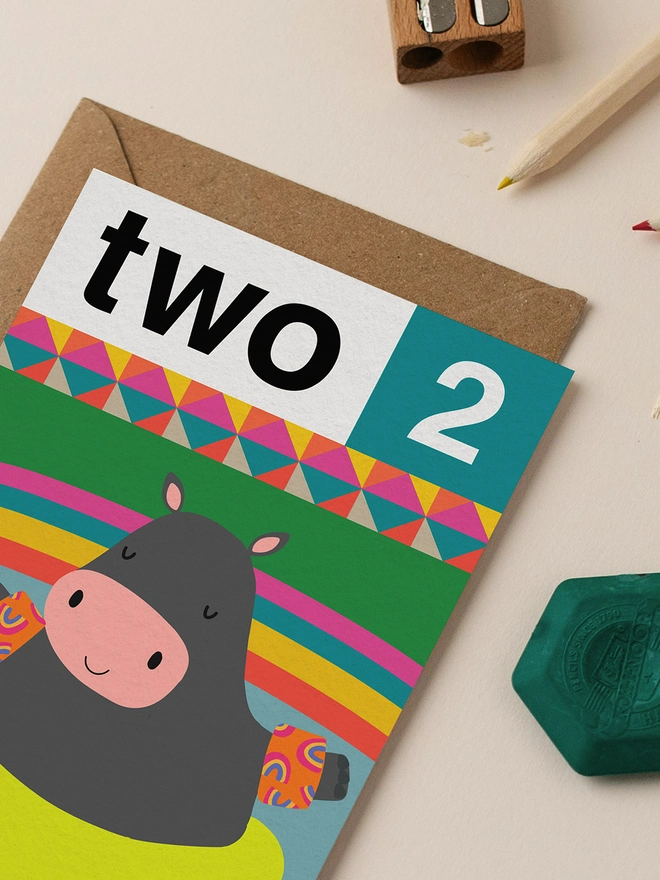 Hippo Two 2nd Birthday Card
