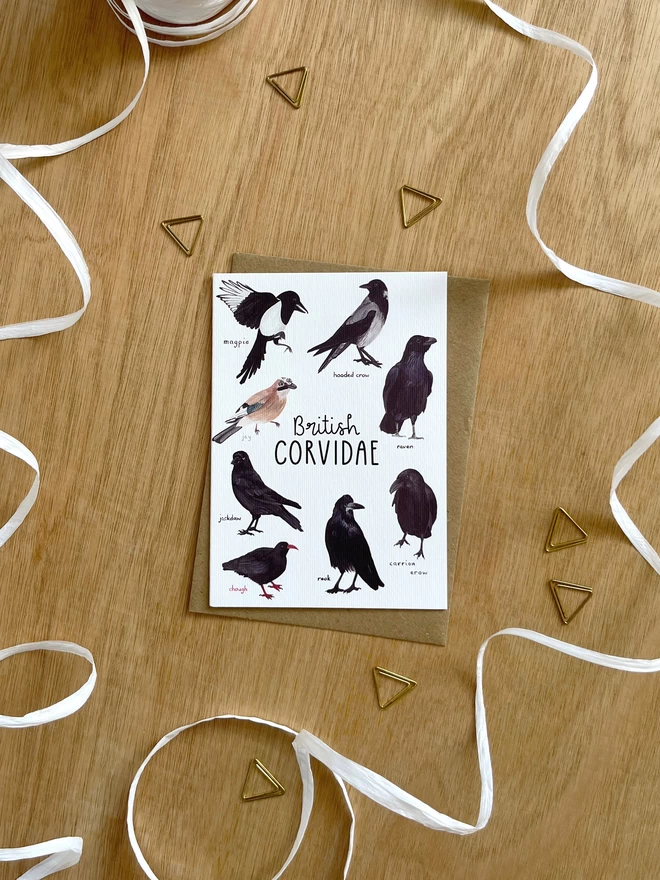 a greetings card featuring corvid birds found in britain and the words “British Corvidae”